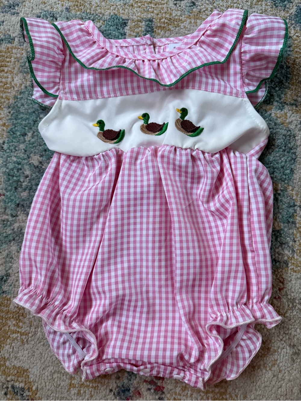 Pink Gingham Baby Bubble Romper with Duck Embroidery